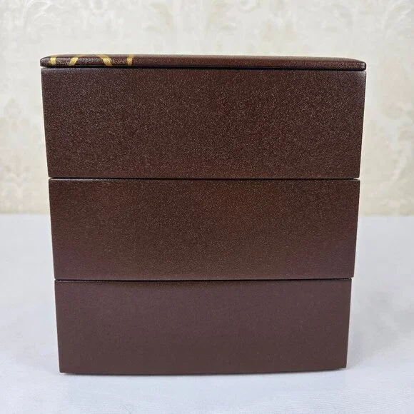Japanese Jubako Stacked Box Brown w/Red Lacquer Interior Bunnies and Flowers
